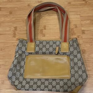 Gucci Beige Monogram Tote with Tan Leather and Red-Striped Straps